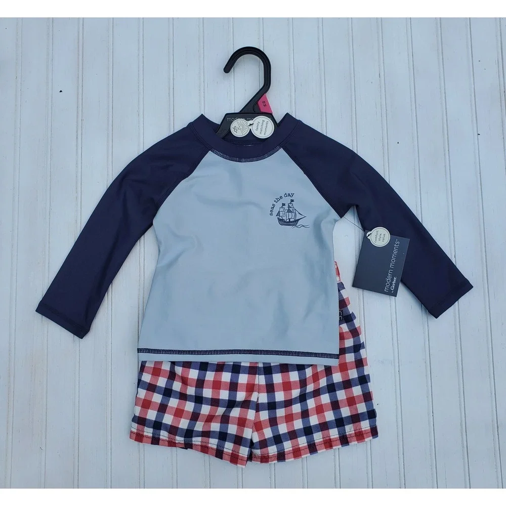 Modern Moments by Gerber Baby Boy Rash Guard and Swim Trunks Set 18M Red Plaid